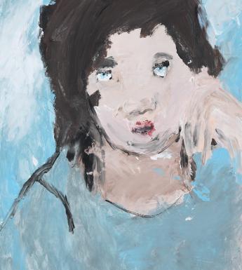 A painting of a figure with dark hair resting their chin on their hands. Blue is the dominant colour throughout, with the clothing melting into the sky in the background.
