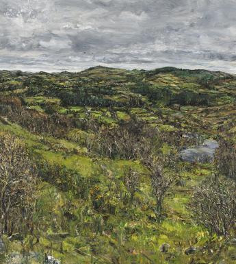 Expressive and textured painting of a green Irish landscape of fields and rolling hills