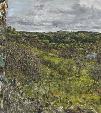 Oil painting of a green Irish countryside of fields and hills.