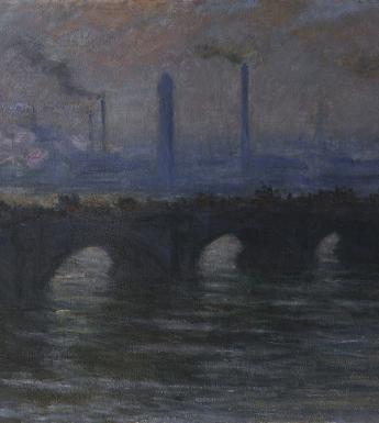 An impressionistic painting of a London bridge in tones of blue, purple, grey and brown. In the background you can see the city, with large smoking chimney stacks.