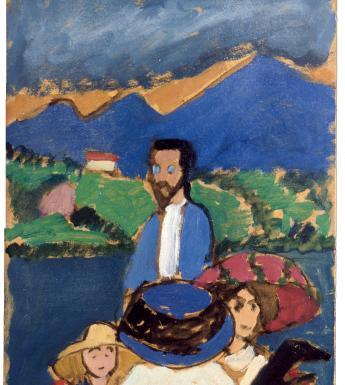 An expressionist painting showing a group of people on a boat with a mountain behind them. The colours are bright and vibrant.