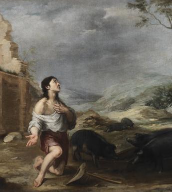 Oil painting of the Prodigal Son feeding swine