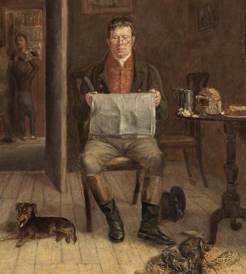 A painting of a man sitting on a chair reading a newspaper with a dog lying attentively at his feet