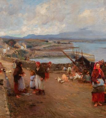 An oil painting showing groups of people gathered on a village road, with thatched houses overlooking the sea. The women are wearing shawls and red dresses and are barefoot. There are animals - pigs and chickens - on the road too. 