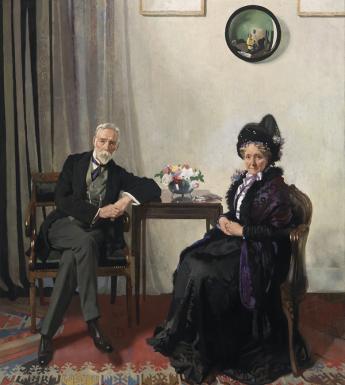 Double portrait in oils of an older man and woman seated at a small table in an interior, with a convex mirror hanging above them on the wall reflecting the artist at work..