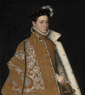 Three-quarter length portrait in oil of a young man wearing an elaborate embroidered cape, ruff and cap, and holding a sword.