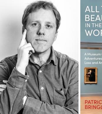 A writer's headshot on the left, and the cover of a book on the right