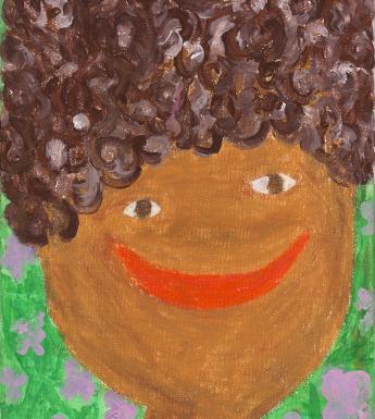 A drawing of a smiling figure in front of a background of green with purple flowers. Most of the frame is taken up by the smiling face and brown curls, which extend beyond the edges of the painting. 