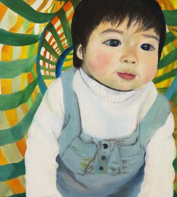 A dark-haired toddler in a light blue overall and white shirt is in the front of the frame. Behind them, a swirling pattern in green, white, blue, white and yellow. 