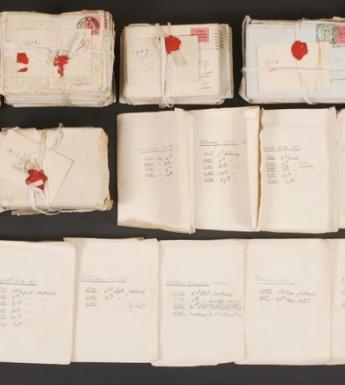 Aerial view of bundles of handwritten letters, some with red wax seals