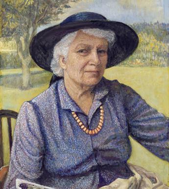 A painted self-portrait of a grey-haired woman, dressed in a purple dress and black broad-brimmed hat, seated outdoors and holding a palette.