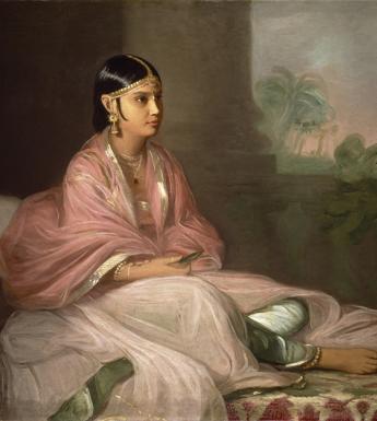 A painted portrait of an Indian woman, seated with legs crossed, with a landscape in the background.