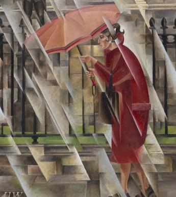 A cubist style painting of a woman in a red coat with an orange umbrella walking past a grand building in the rain.