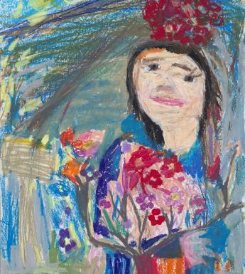 A chalk drawing of a figure holding an armful of flowers. 