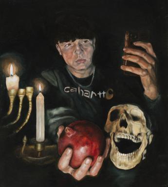 An oil painting of a figure standing in a darkened space. He is surrounded by objects - a candelabra and a skull - and holds a pomegranate and a phone. 