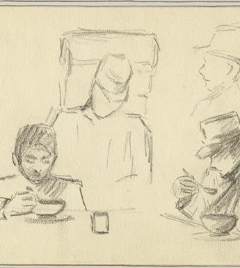 A drawing of two wounded and convalescing Italian soldiers from WWI eating from bowls at a table.