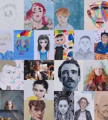 A photo collage of 20 portraits made by young people aged 4 to 17 years.