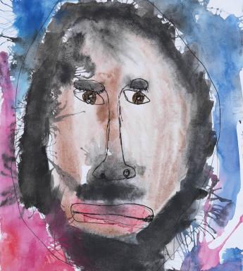 Child's painting of a close-up view of a head painted in shades of black, brown, pink and purple