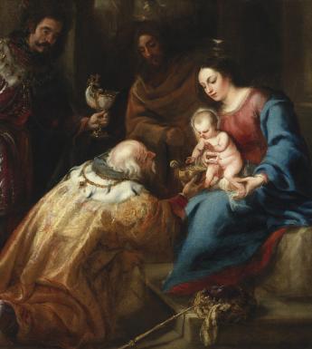 Oil painting of the three Magi presenting gifts to the Christ Child who is seated on the Virgin Mary's lap.