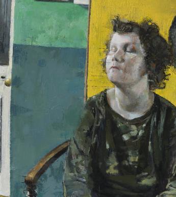 Oil portrait of boy seated with eyes closed and head tilted slightly up