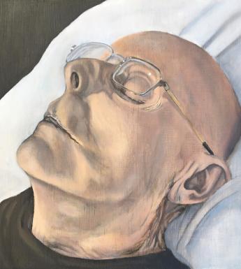 Close-up painting of an elderly male figure with glasses lying with his eyes closed and his head on a pillow