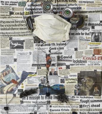 Collage of medical equipment and a face mask in the form of a human, with a background of newspaper articles