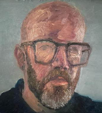 Painting of a bald male figure with a beard and glasses wearing a dark top