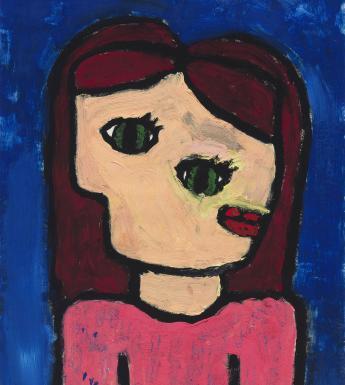 Child's self-portrait with face distorted like a Picasso painting, with green eyes placed on the diagonal and nose in profile on left and mouth in profile on right