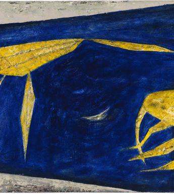 Stylised, semi-abstract painting of yellow crabs against a blue and grey background.