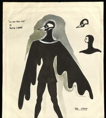 Black and white watercolour sketch of a costume of a crow with details showing mask and balaclava that the actor would wear