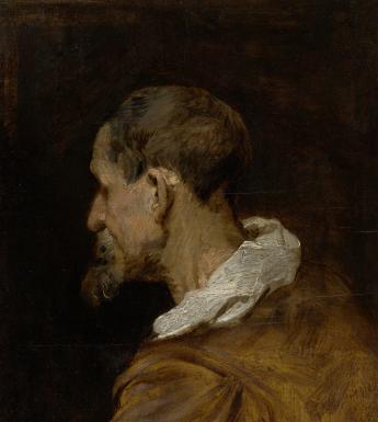 An oil painting showing a male figure in side profile, turned away from the viewer. He is wearing a brown shirt and a white collar, and has closely cropped hair and a short beard.