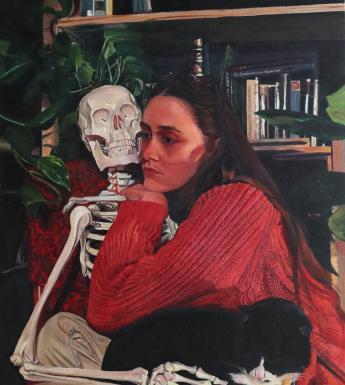 Painting of a female figure with long dark hair and a red knitted top holding a skeleton