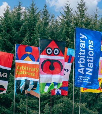 A group of colourful flags, flying in a strong wind, against a backdrop of spruce trees.