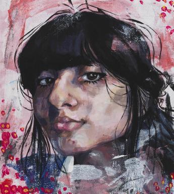 Expressive portrait painting of a dark-haired girl's head against an abstract background of pinks, reds and greys