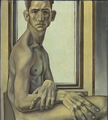 A naked man sits on a chair, in front of a window. He is turned to the side, but his face is turned to look directly at the viewer.