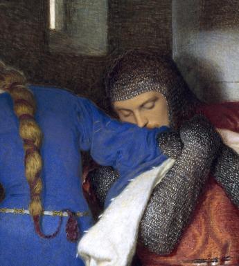 Painting of a young couple on a spiral staircase in a romantic embrace, wearing medieval clothing.