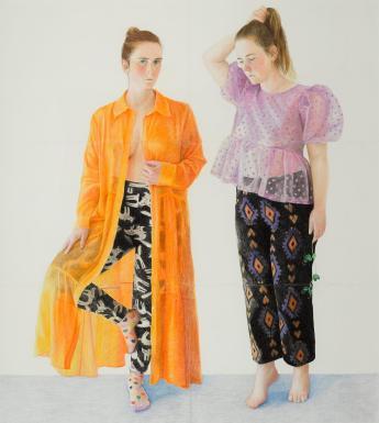 Drawing of two female figures, one wearing an orange dress and one wearing a purple top on a white background