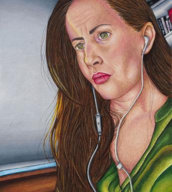 Portrait of a woman with long brown hair wearing a green open-neck shirt and white headphones. In the background a window with its blind closed and a glimpse of bookshelves