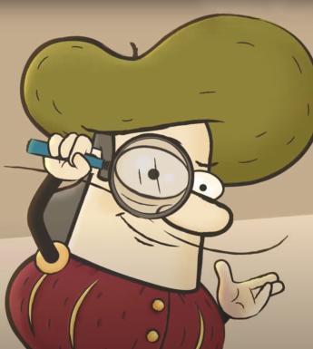 A cartoon character called Cozimo wearing a Renaissance-style outfit and holding a magnifying glass to his eye