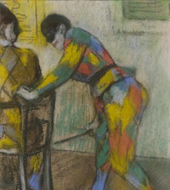 Pastel drawing of two harlequins
