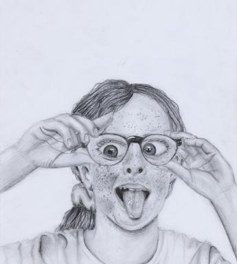 Child's detailed pencil drawing of a bust-length portrait of a girl with her tongue sticking out, holding the sides of her glasses which have magnified her eyes