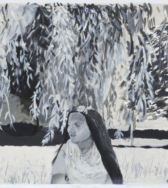 Black and white acrylic painting of a young girl in a park sitting under a tree