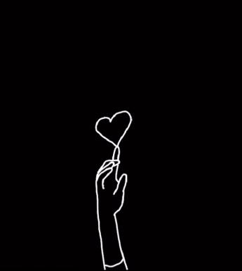 Video still of an animated white line drawing on a black screen. A hand is reaching up and touching a floating heart