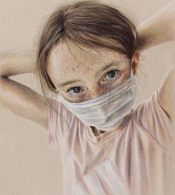 Pencil drawing of a young child in a pink t-shirt wearing a face mask