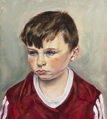 A drawing of a young boy with brown hair. He looks solemnly to the side, wearing a wine-coloured sports jersey with white collar and stripes on the sleeves