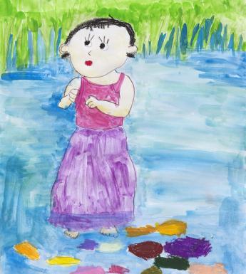 Children's drawing of a female figure in a pink and purple dress standing in a river