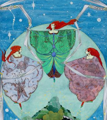 Harry Clarke's illustration of three elves dancing in the night sky