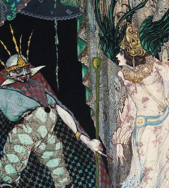 Detailed drawing by Harry Clarke of a wizard in a cape and a female figure with black feathered wings
