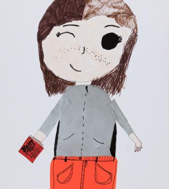 Children's self-portrait in felt-tip pen of themselves with brown hair, a grey jumper, holding a copy of Harry Potter and the Order of the Phoenix