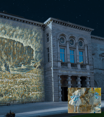 Merrion Square facade of the National Gallery of Ireland building with an Impressionistic landscape projected on to the facade and two images overlayed - one of a pastel drawing by Degas and a photo of a landscape